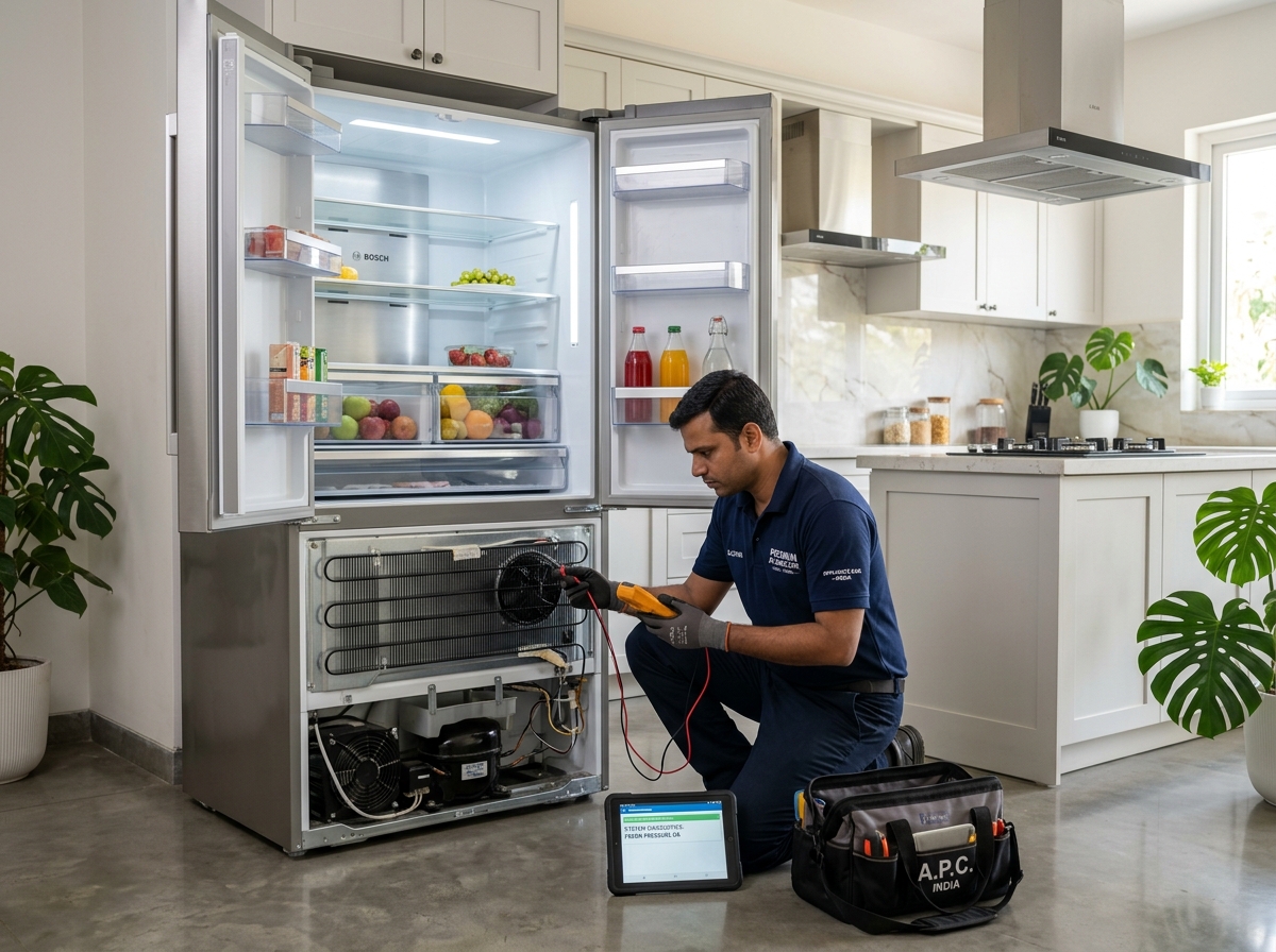 Doorstep refrigerator repair technician inspecting French door cooling circuit in an Indian kitchen