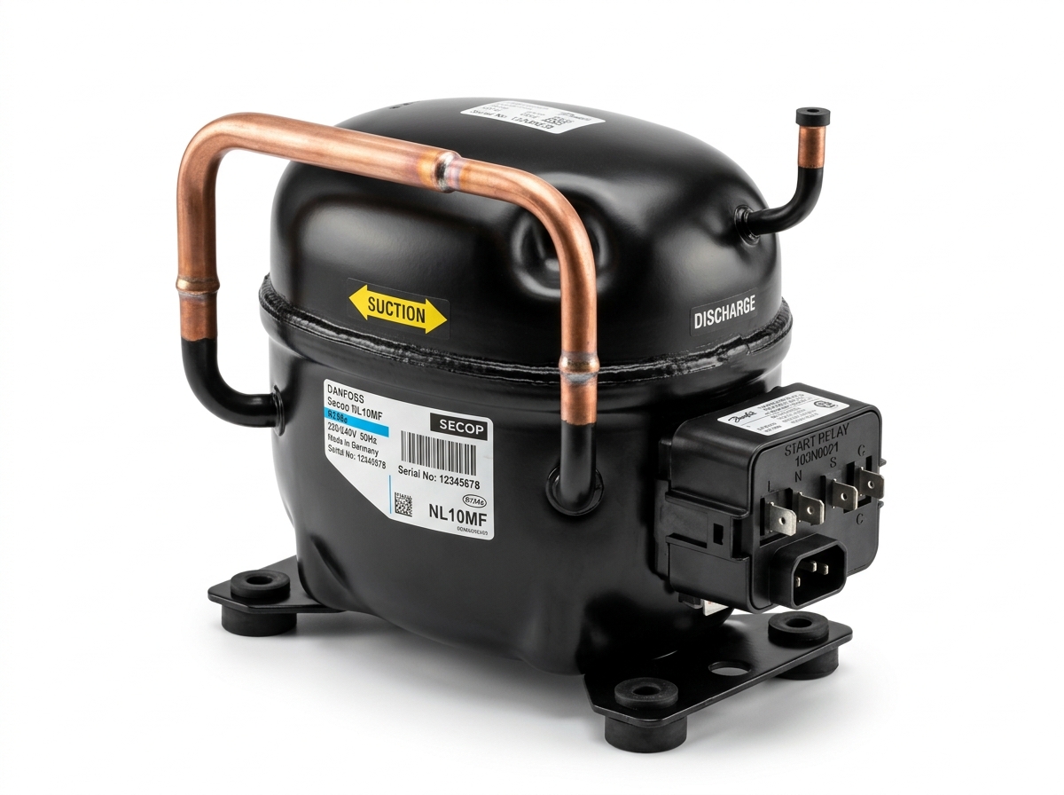 Hermetic refrigerator compressor motor with copper service tubes and start relay