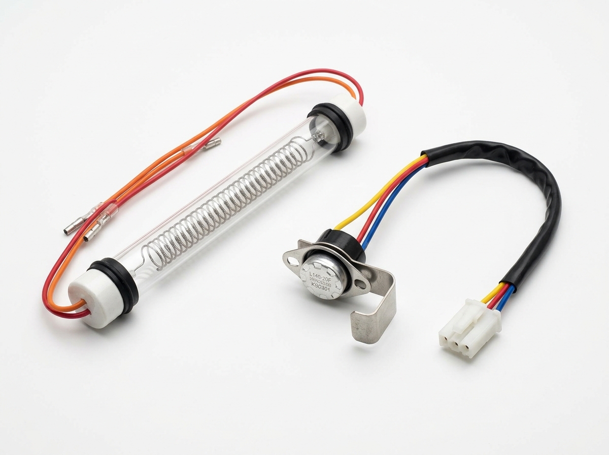 Refrigerator glass tube defrost heater element and bi-metal thermostat switch