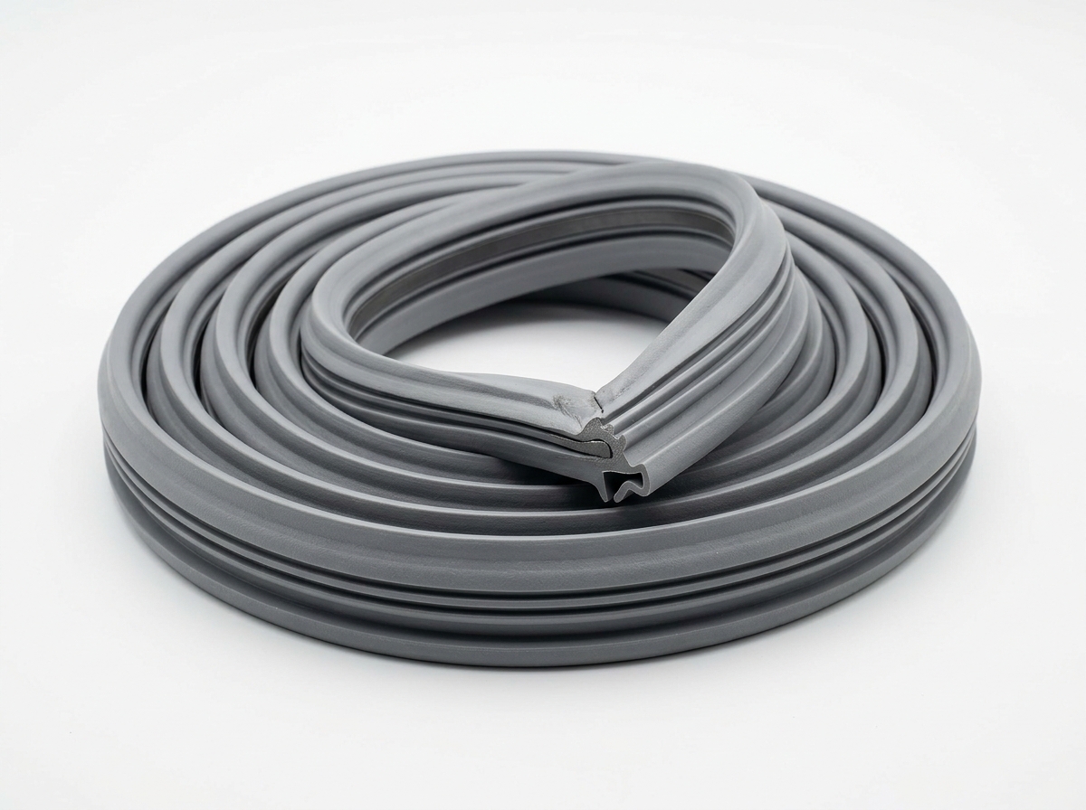 Flexible grey rubber magnetic refrigerator door gasket seal coiled