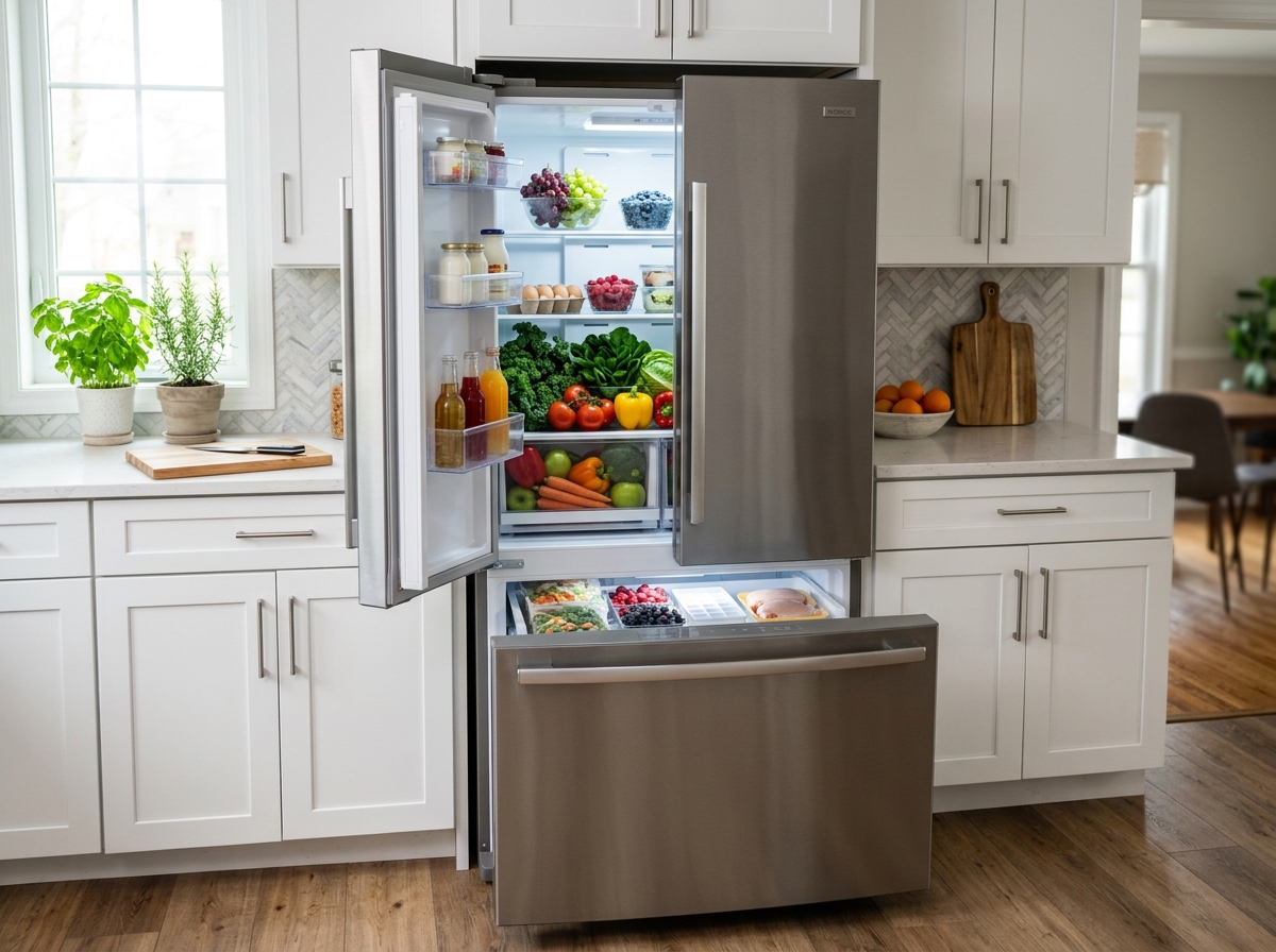 Bottom mount freezer refrigerator open showing fresh food and vegetables
