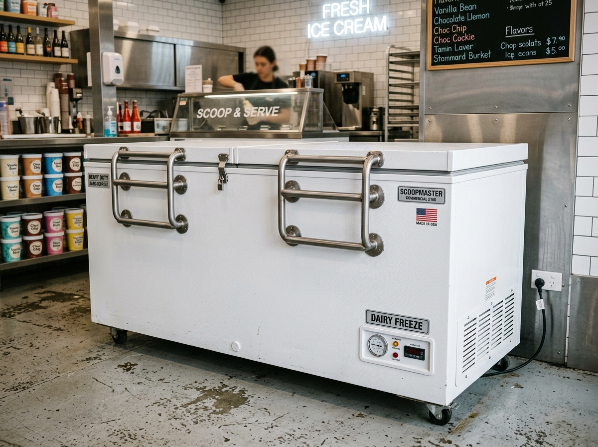 Commercial double lid chest deep freezer in a retail ice cream dairy shop