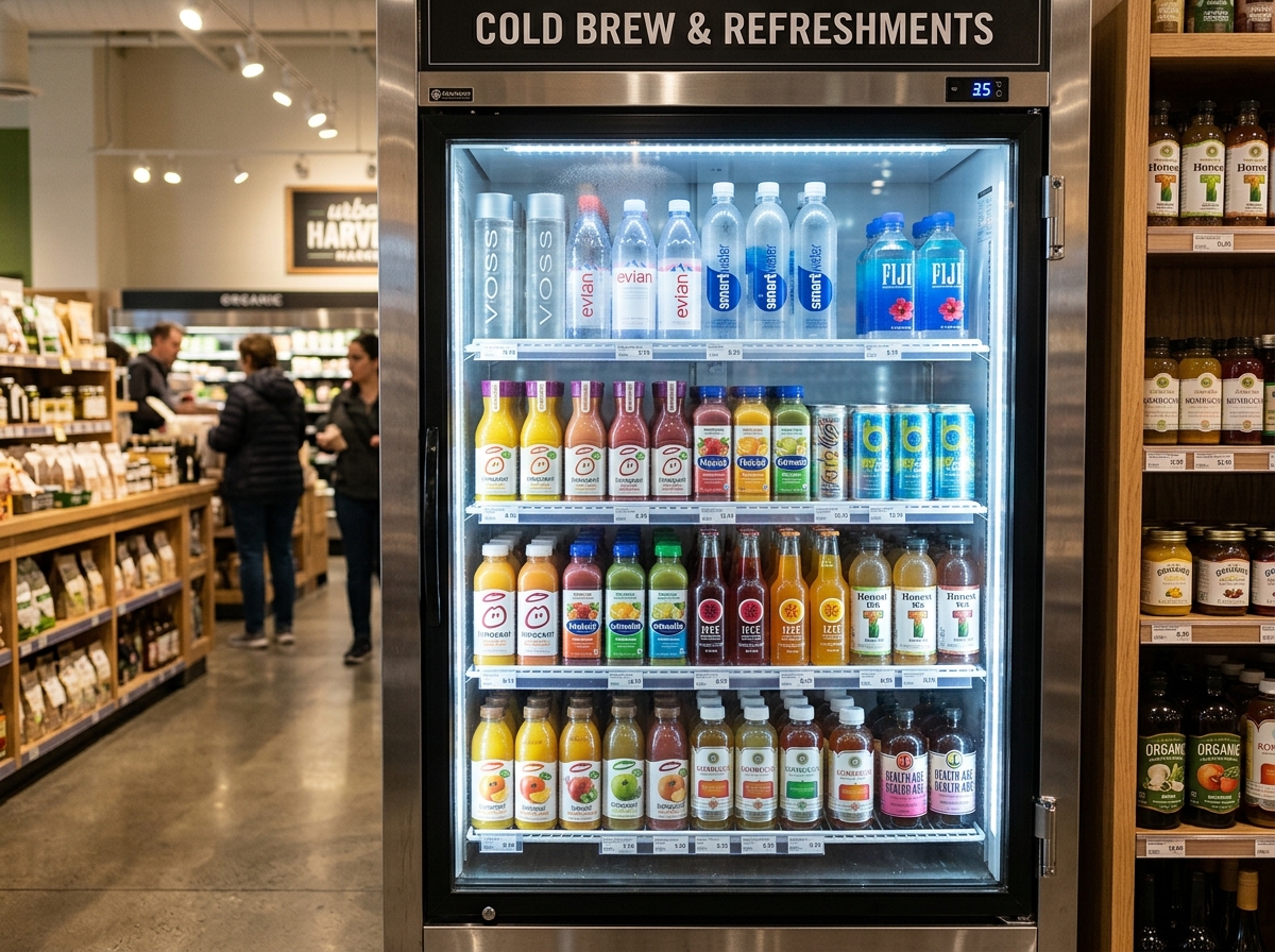 Commercial upright glass door visi cooler beverage refrigerator in a store
