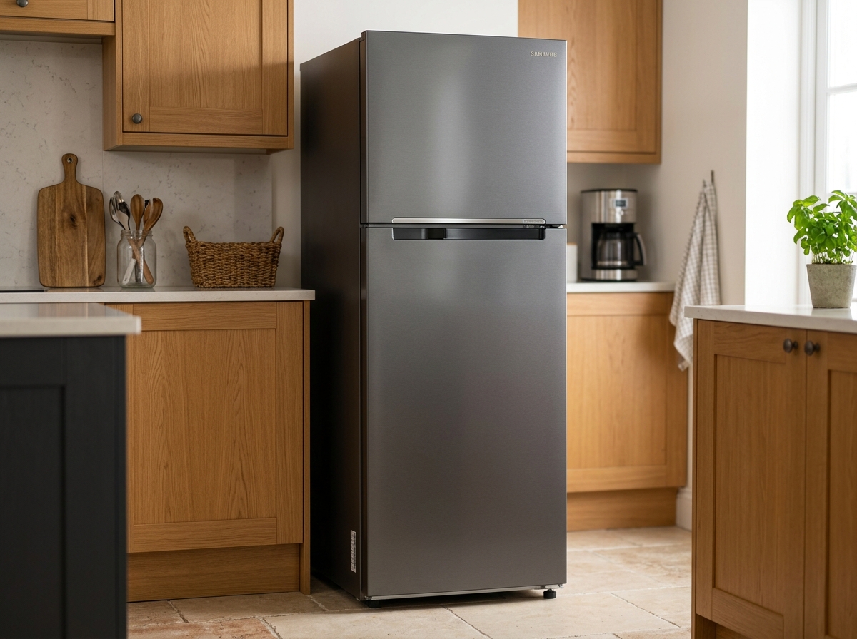 Double door top freezer frost free refrigerator in a kitchen