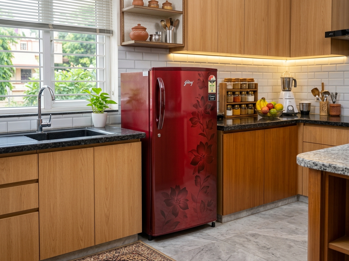 Single door direct cool floral refrigerator in an Indian home kitchen